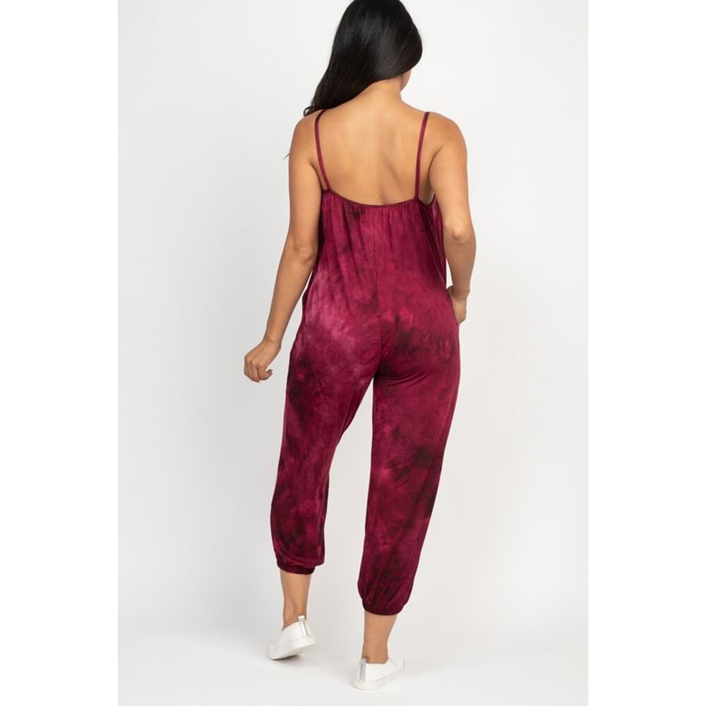 Tie-dye spaghetti strap jumpsuit (Burgundy)-Large - Picture 2 of 2
